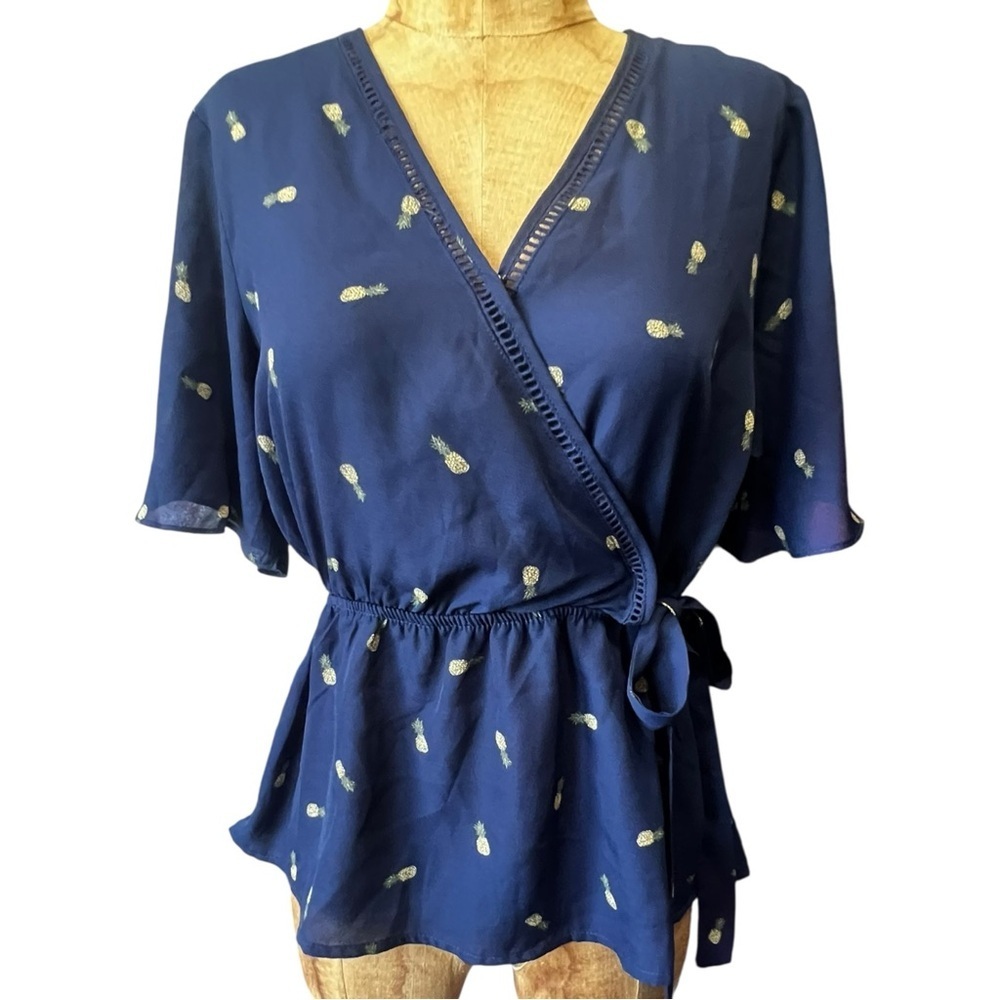 Pink Rose Navy Blouse with Pineapple Accents NWT M